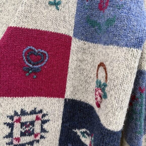 Woolrich‎ Cardigan Sweater Womens XL Oatmeal Wool Patchwork Quilt Hearts Granny - Picture 4 of 11